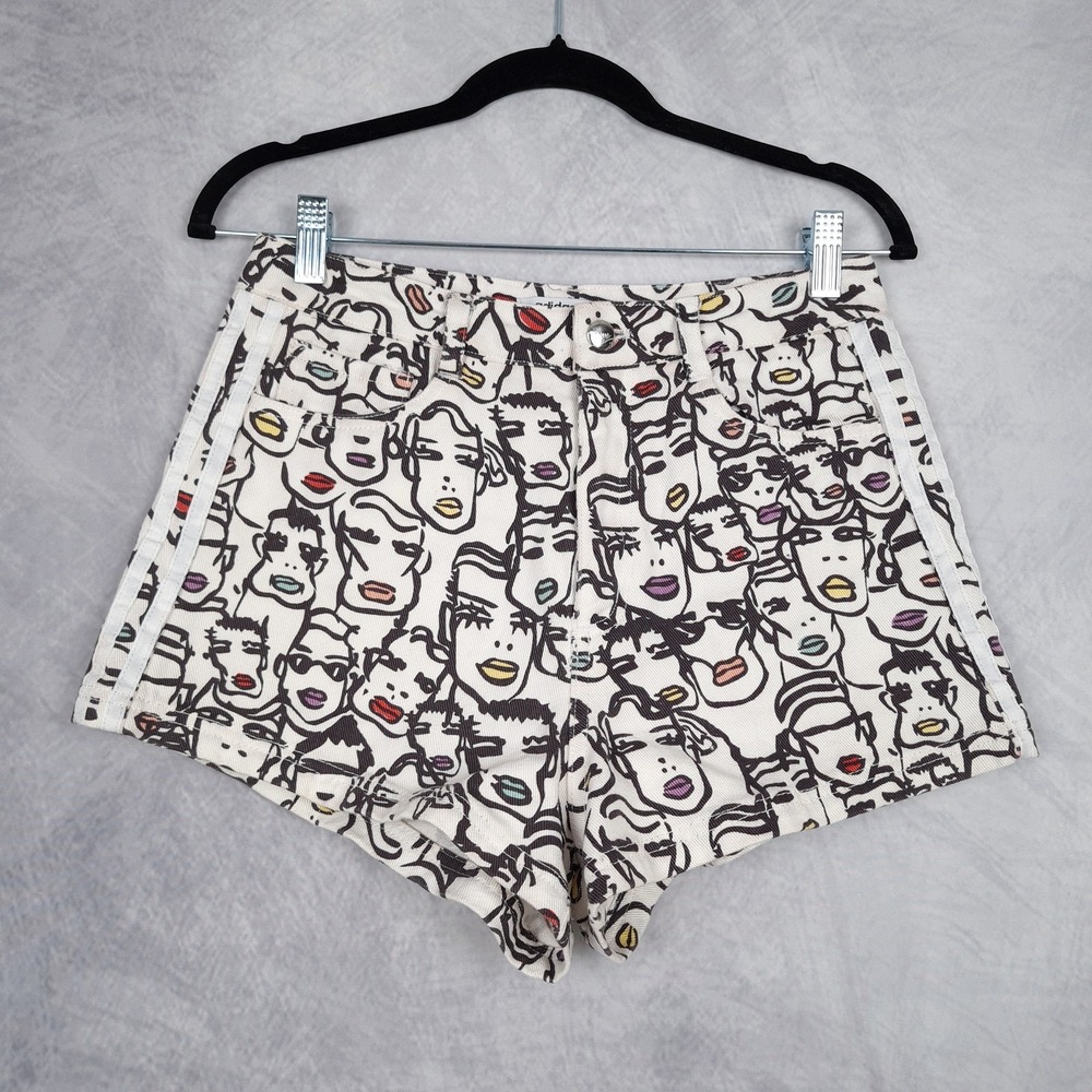 Adidas Fiorucci Shorts Womens Small White Black All Over Print Faces Italy